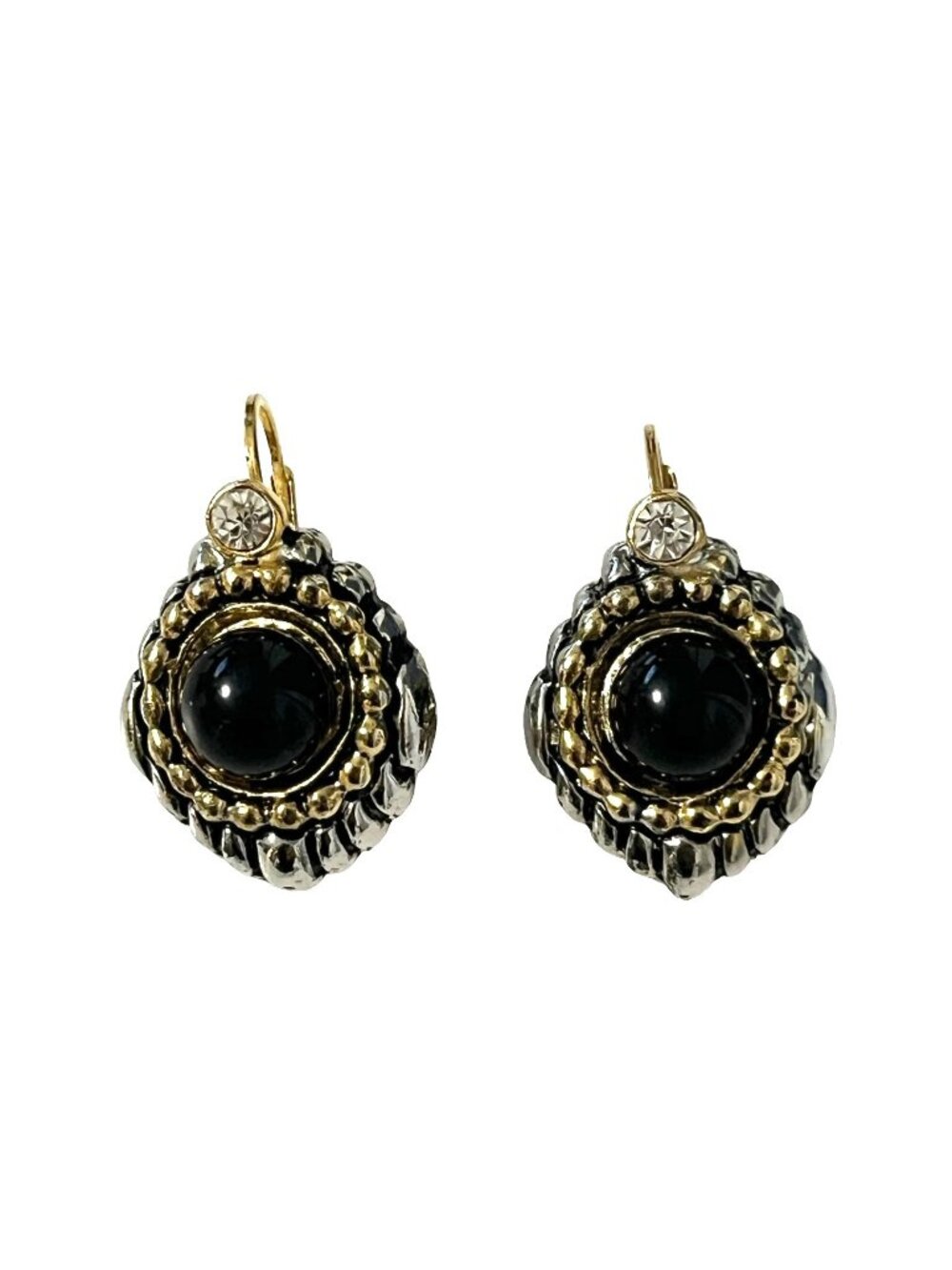 Vintage Two Tone Drop Earrings Black Cabochon Rhinestone Gold Silver Tone Retro